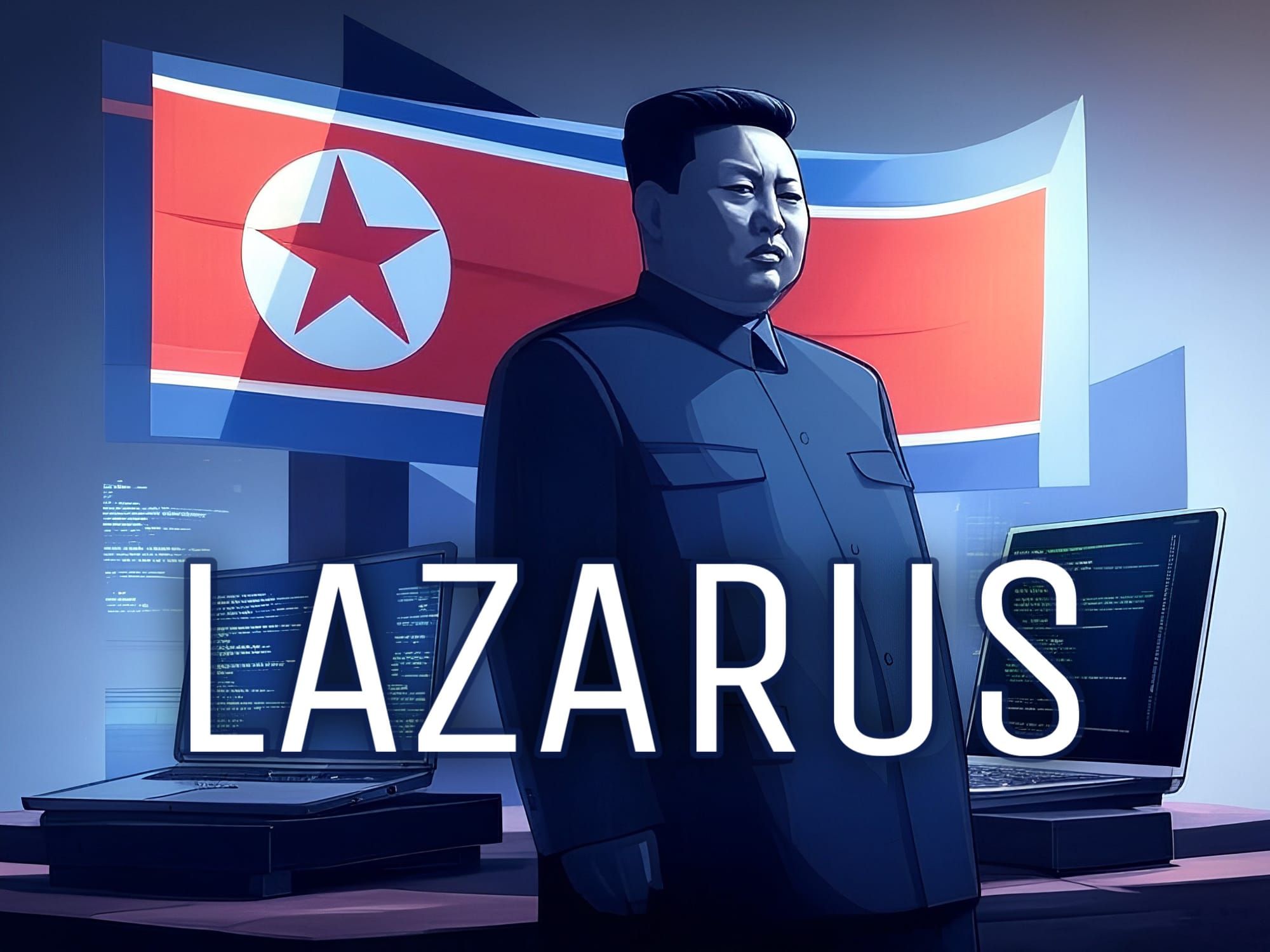 Kim Jong Un stands in front of the DPKR flag with LAZARUS in white letters underneath his likeness